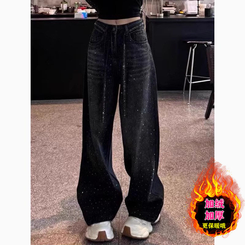 黑色烫钻阔腿牛仔裤女秋冬加绒大码胖mm满天星小众设计显瘦拖地裤,女装/女士精品,牛仔裤,淘宝优惠券,粉丝福利购,淘宝优惠卷