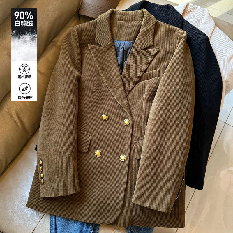 复古老钱风咖色西装羽绒外套女2025冬时尚气质双排扣黑色西服加厚