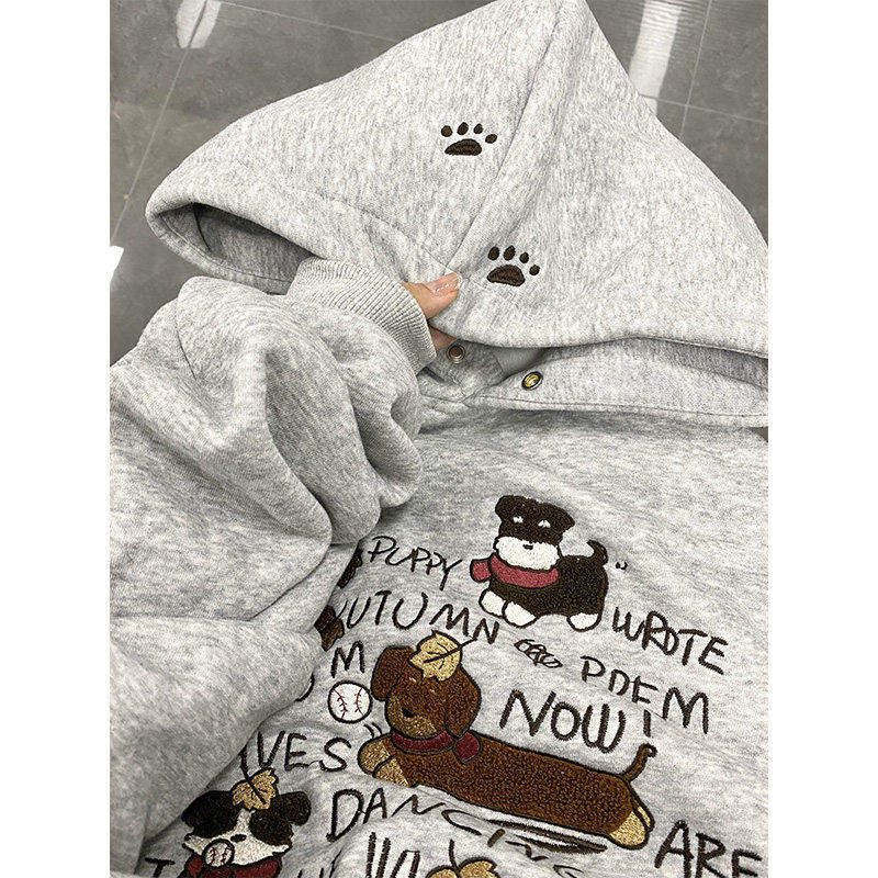 韩系可爱腊肠小狗刺绣连帽卫衣女2024秋冬季加绒加厚宽松百搭外套