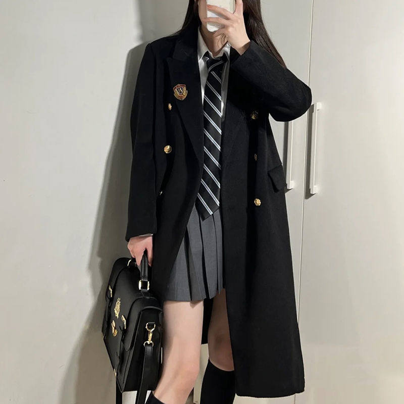青梅学院风黑色双排扣毛呢大衣外套女中长款小个子JK制服秋冬季,女装/女士精品,风衣,淘宝优惠券,粉丝福利购,淘宝优惠卷