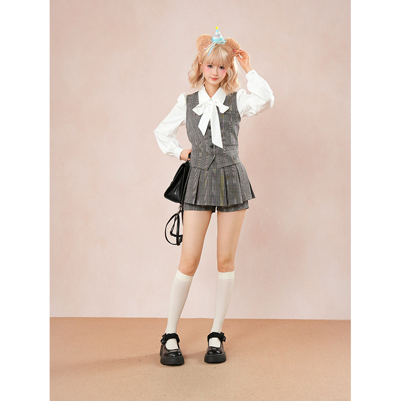 雪纺蝴蝶结长袖衬衫+千鸟格纹马甲外穿上衣+中低腰百褶裙裤女秋