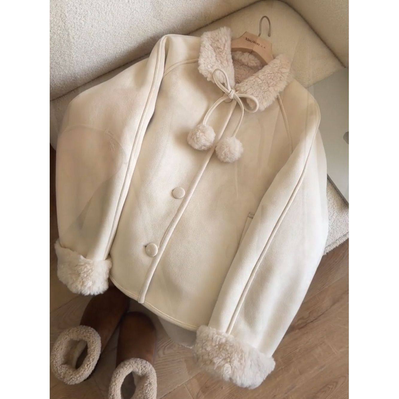 皮毛一体手工毛球超温柔韩系宽松休闲上衣女短外套,女装/女士精品,毛呢外套,淘宝优惠券,粉丝福利购,淘宝优惠卷