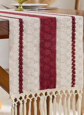 桌旗流苏棉织镂空红色喜庆节日乡村农舍圣诞节餐桌装饰布茶几桌布