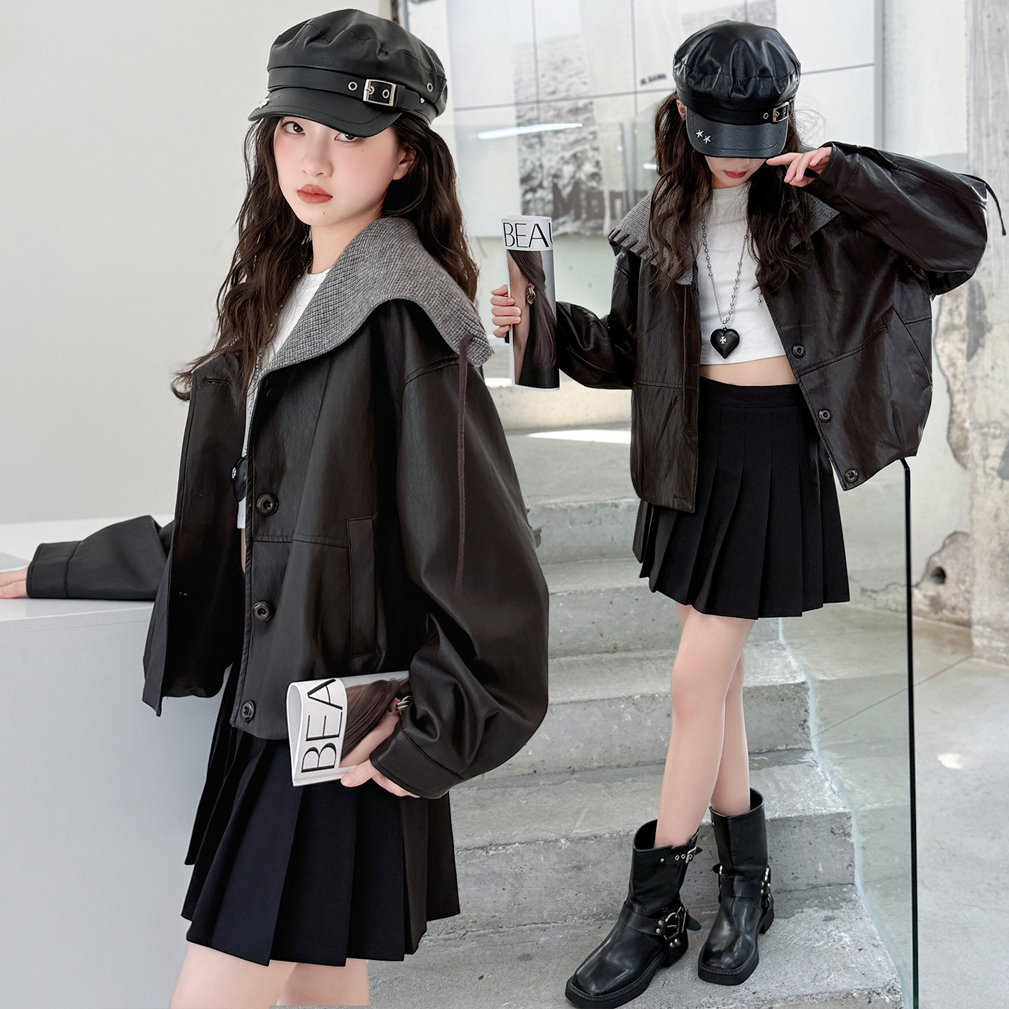 皮衣女款2025新款女童外衣潮款可爱帅气亲肤修身休闲小香风加厚