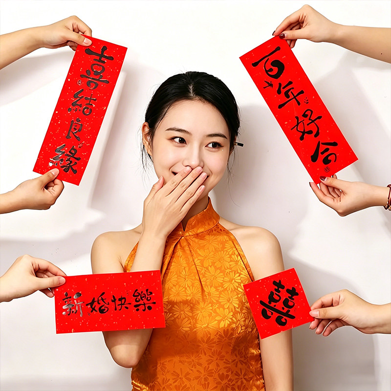 结婚出片小对联晨袍拍照道具婚礼接亲游戏创意摆拍照神器氛围喜字