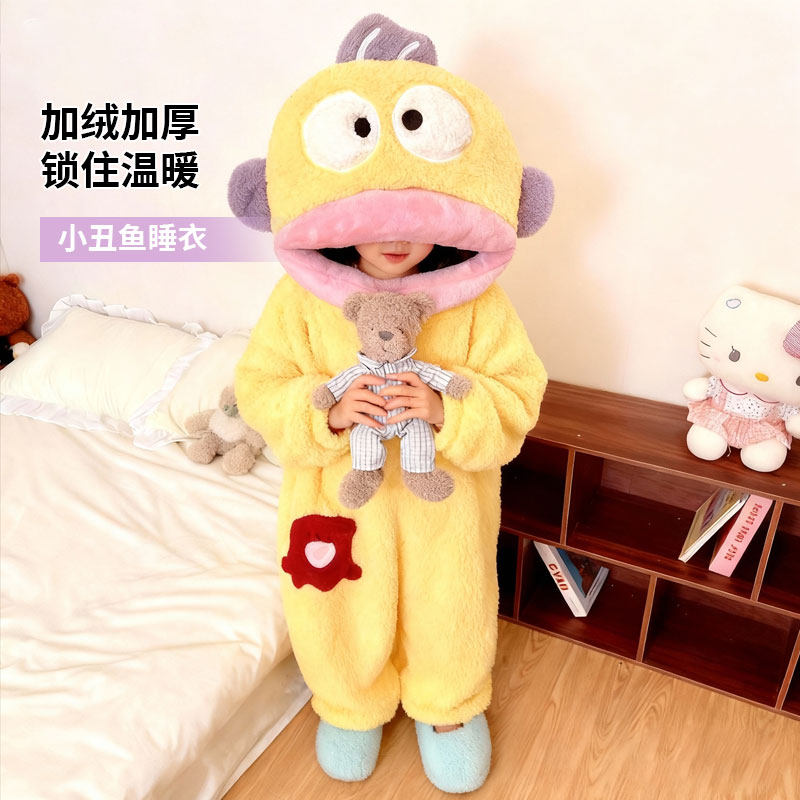 小丑鱼睡衣黄色小丑鱼连体睡衣女珊瑚绒加厚保暖秋冬季卡通趣大嘴
