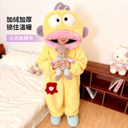 小丑鱼睡衣黄色小丑鱼连体睡衣女珊瑚绒加厚保暖秋冬季卡通趣大嘴