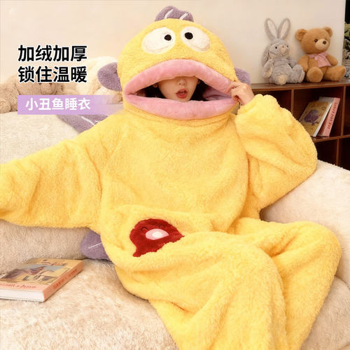 小丑鱼睡衣黄色黄色小丑鱼连体睡衣冬季保暖珊瑚绒时尚趣搞怪可爱