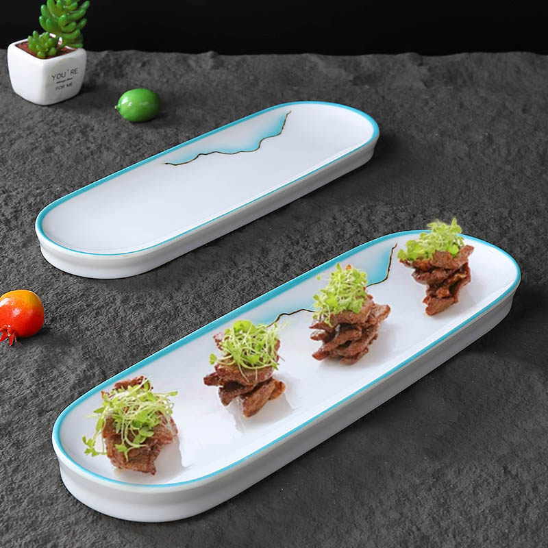 特色密胺餐具商用长条托盘仿瓷餐厅糕点甜品展示盘网红创意塑料盘