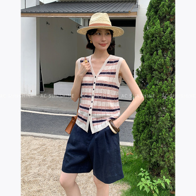 AC SUNSHINE百搭单品条纹镂空肌理松弛感毛织马甲女开衫上衣19589
