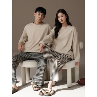 全棉纯棉2025年新款情侣睡衣男女春秋款纯棉长袖青少年纯色条纹圆