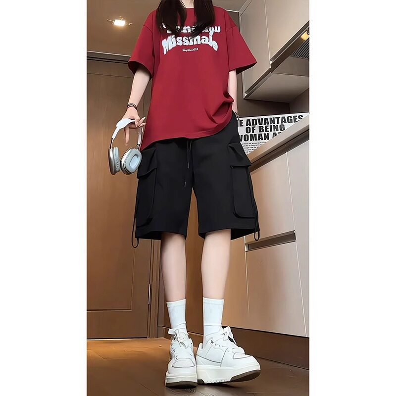 黑色大口袋美式工装短裤女夏2026新款休闲宽松直筒运动五分裤五分