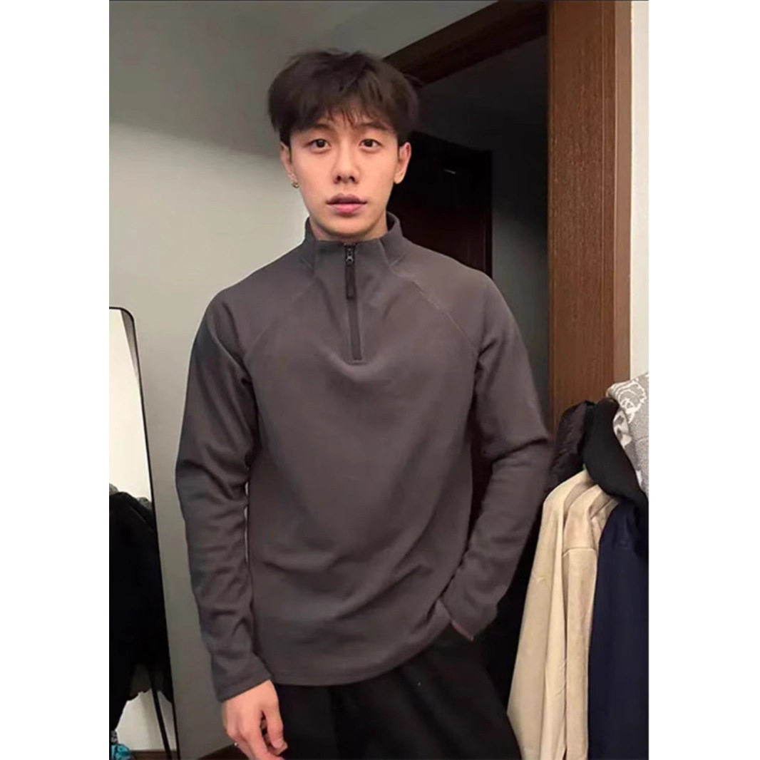 纯白色双面德绒打底衫男2024秋冬款美式半高领卫衣运动健身训练服