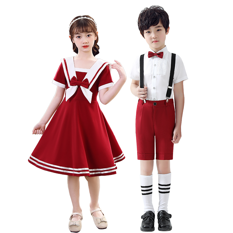 儿童演出服小学生合唱礼服女童舞蹈裙男童背带裤红色爱国表演服装