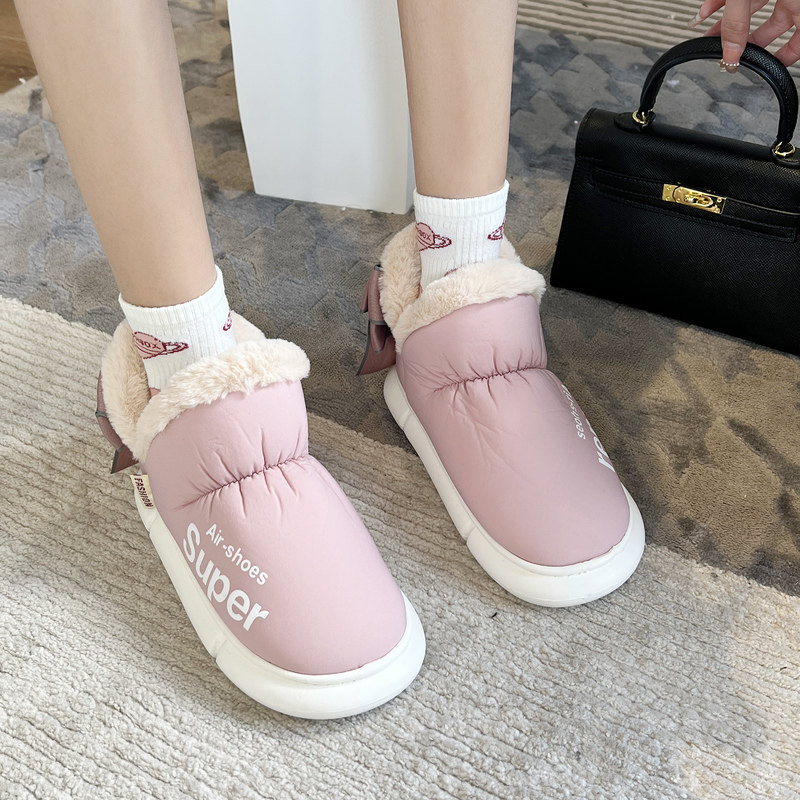 蝴蝶结雪地靴女冬加绒保暖厚底防滑窝窝鞋一脚蹬面包鞋防水棉靴女
