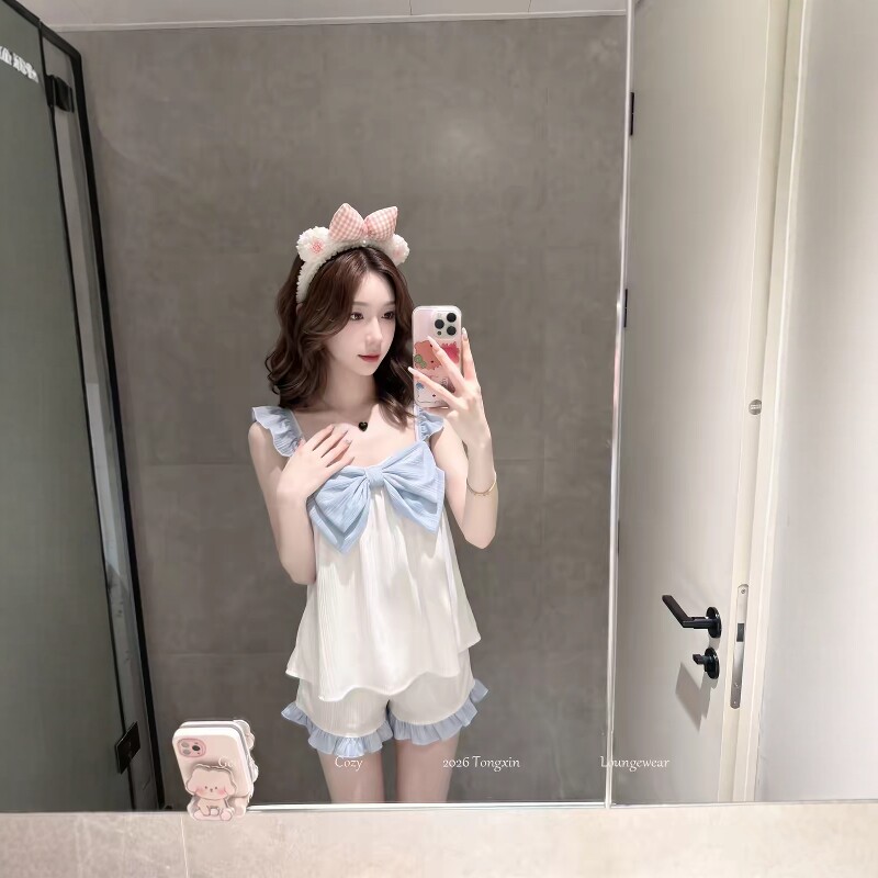 纯欲风蝴蝶结吊带睡衣女夏季薄款图片