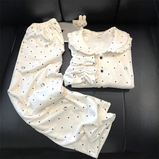 白色波点凯蒂猫德绒睡衣女秋冬新款加厚法式娃娃领长袖家居服套装