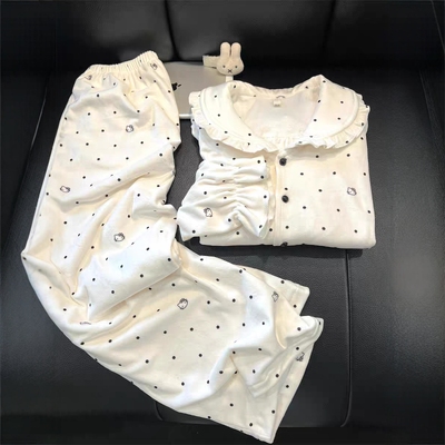 白色波点凯蒂猫德绒睡衣女秋冬新