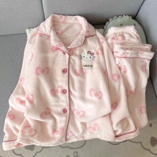 粉色KT猫睡衣珊瑚绒冬天保暖甜美少女法兰绒可外穿学生宿舍家居服