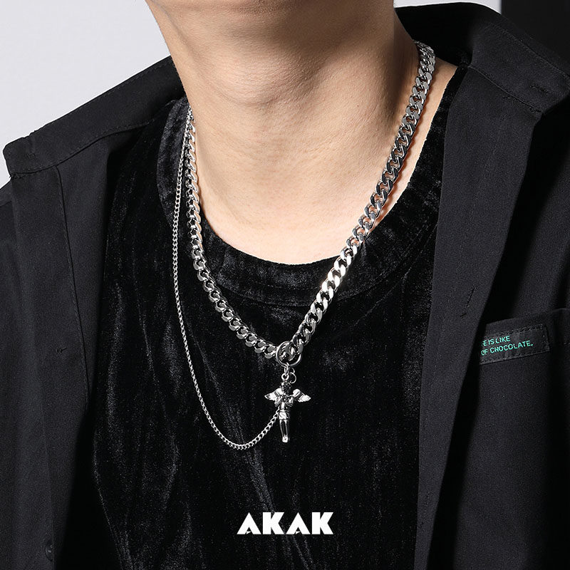 akak叠戴天使古巴项链男潮轻奢小众毛衣链高级设计感女配饰秋冬