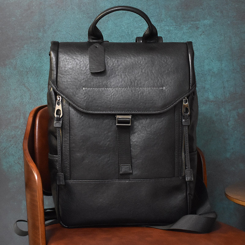休闲男士双肩包真皮新款商务通勤背包植鞣皮大容量时尚潮流电脑包