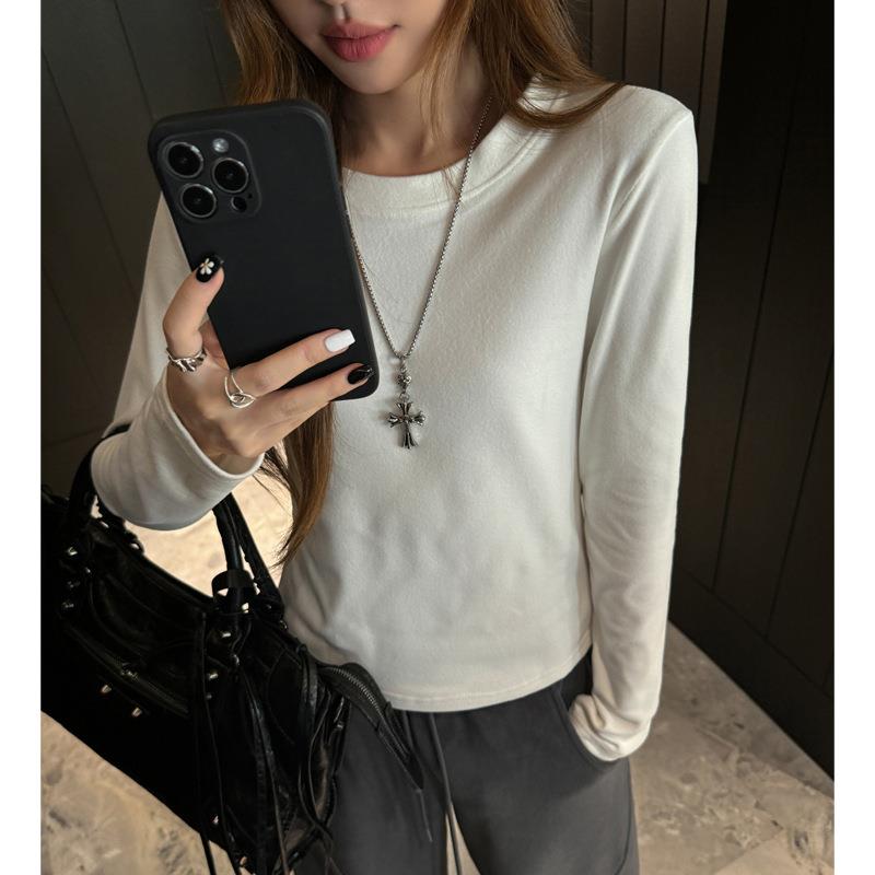 秋冬微米德绒简约长袖正肩t恤女内搭上衣打底衫高级感百搭可外穿