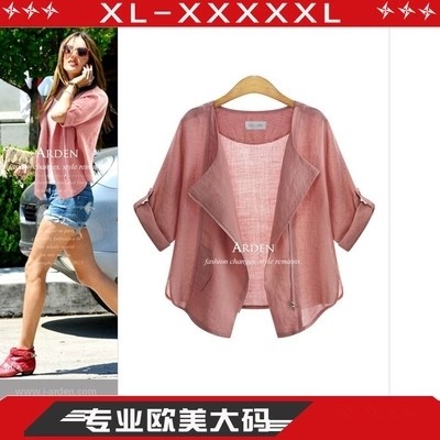 加肥加大码女装胖mm夏装 棉麻防晒衣短款薄外套夹克亚麻开衫200斤