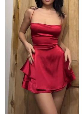 Sexy Backless Bandage Red Dress Women Elegant Satin Sleevele