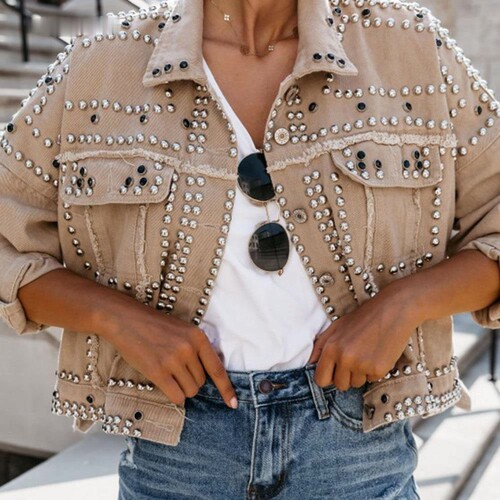 2022 Women's motorcycle wind-washed denim rivet jacket