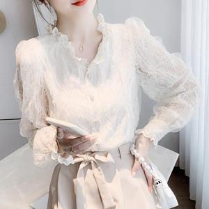 长袖雪纺衫女2023新款法式薄款蕾丝衬衣白色时尚上衣女设计感小众