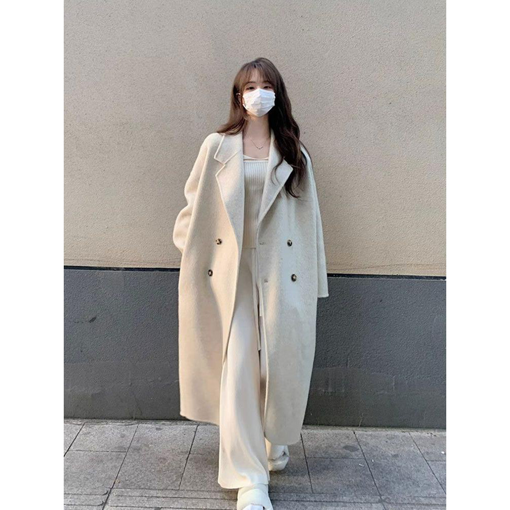中长款毛呢外套女2025新款秋冬韩系学生过膝大衣双排扣慵懒风大衣
