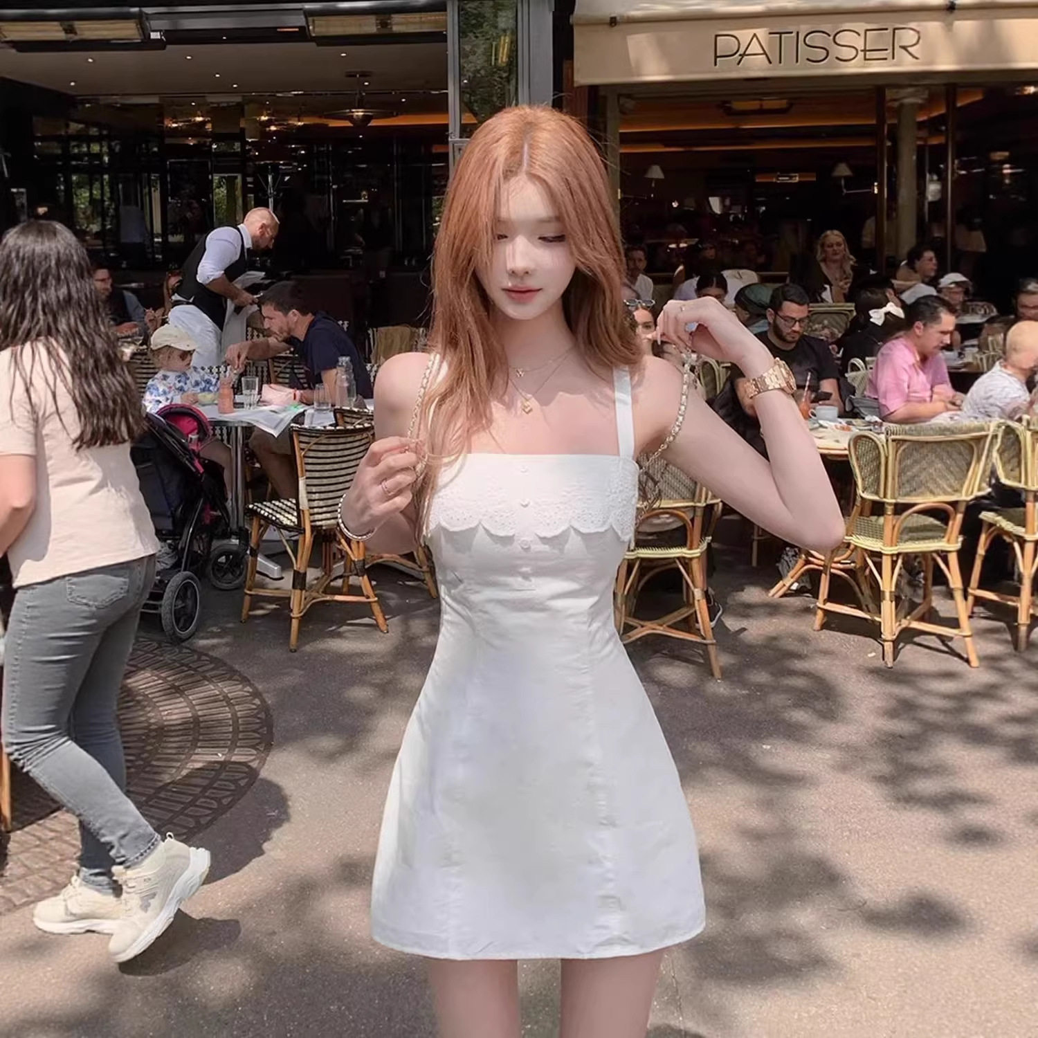 法式纯欲甜美小个子白色吊带连衣裙女夏温柔收腰绝美仙气蕾丝短裙