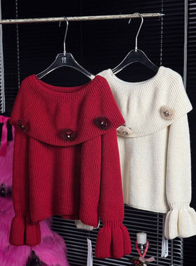 MBS.欧洲站新款法式时尚一字肩毛衣慵懒高级松弛感设计感针织上衣