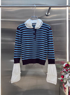 MBS.欧洲站新款学院风蓝咖条纹蕾丝边翻领上衣拼接时尚百搭针织衫