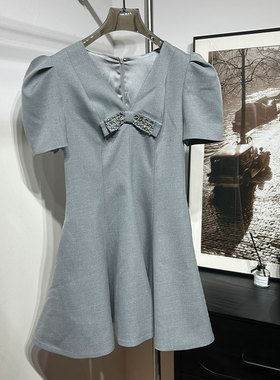 MBS.欧洲站新款南油高端名媛气质收腰短袖裙子灰色蝴蝶结连衣裙潮