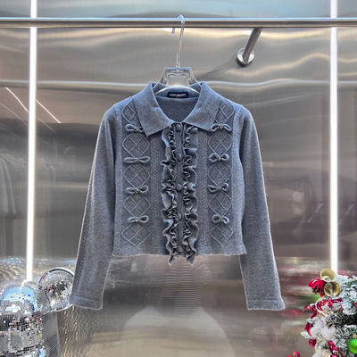 MBS.欧洲站新款款深圳南油法式名媛风立体蝴蝶结长袖针织开衫毛衣