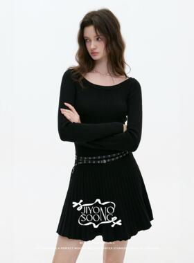 MBS.欧洲站新款JIYOOSOONG字肩配腰带修身裙子坑条羊毛下摆连衣裙
