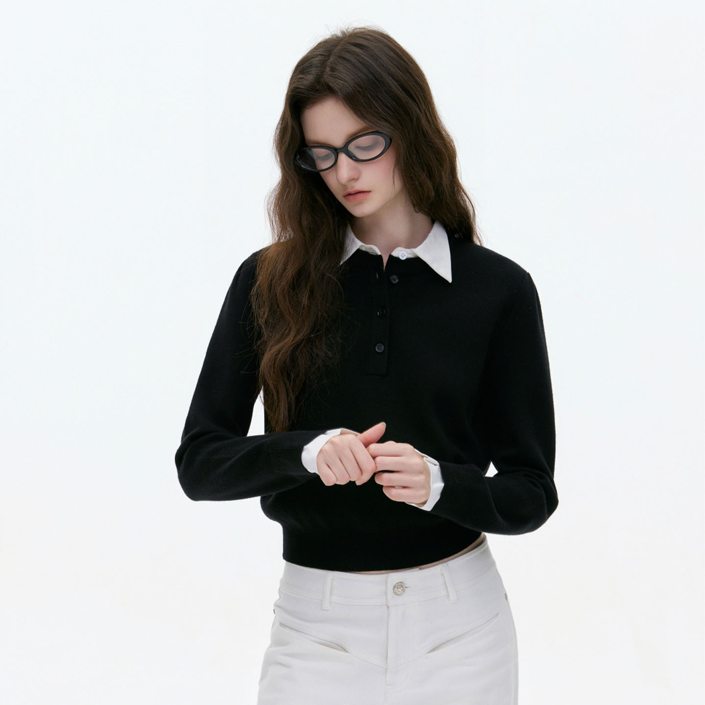 MBS.欧洲站新款JIYOOSOONG复古学院风假两件撞色毛衣领针织上衣女