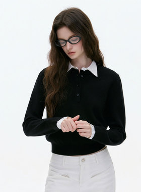 MBS.欧洲站新款JIYOOSOONG复古学院风假两件撞色毛衣领针织上衣女