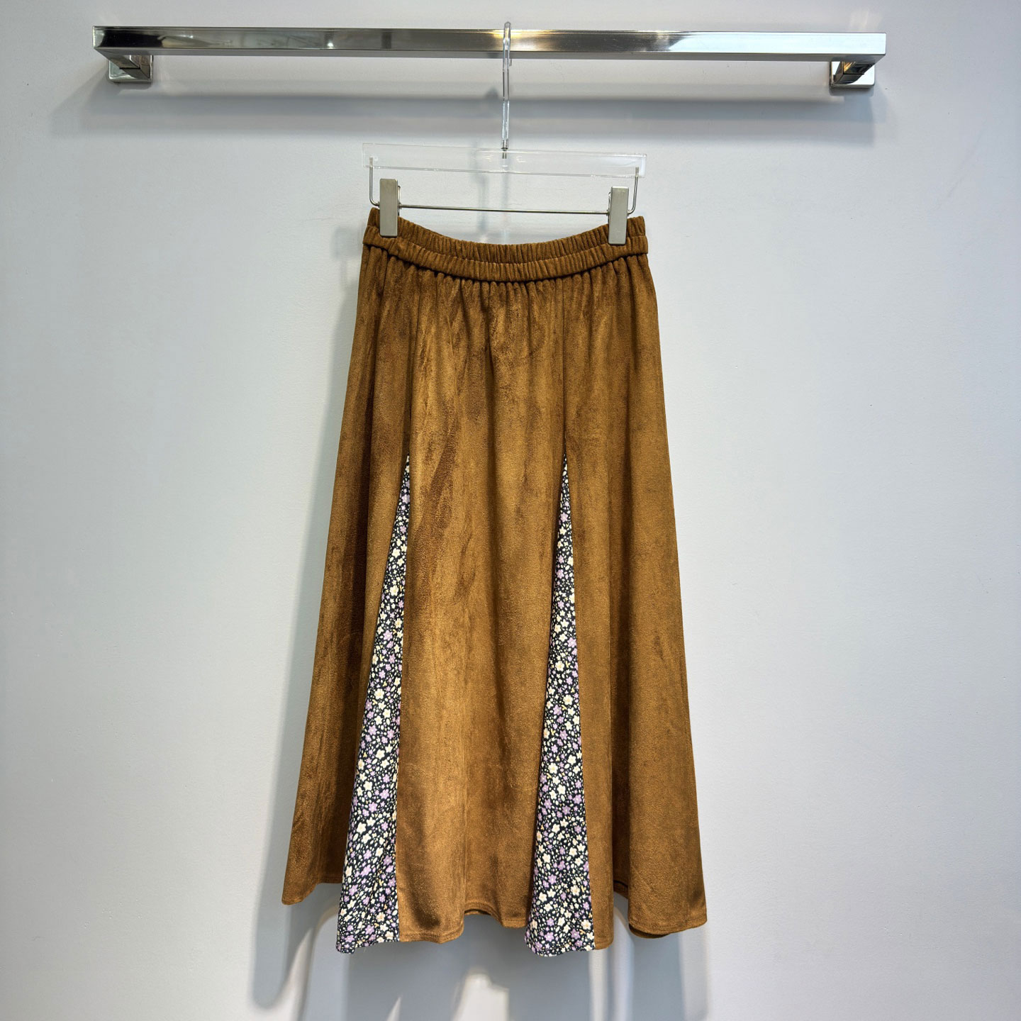 MBS.欧洲站新款深圳南油大摆a字伞裙小碎花鹿皮绒拼接时髦半身裙