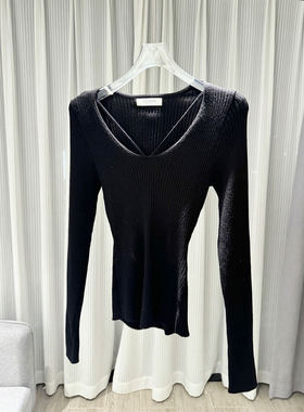 MBS.欧洲站新款V领镂空设计感修身上衣百搭别致坑时髦条纹针织衫
