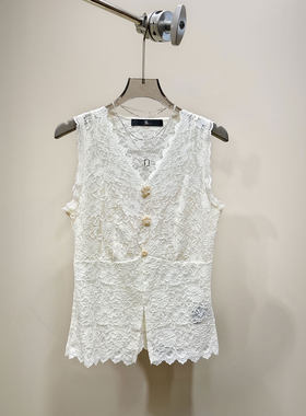 MBS.欧洲站新款HELMCH南油高端式V领项链镂空蕾丝背心修身上衣女