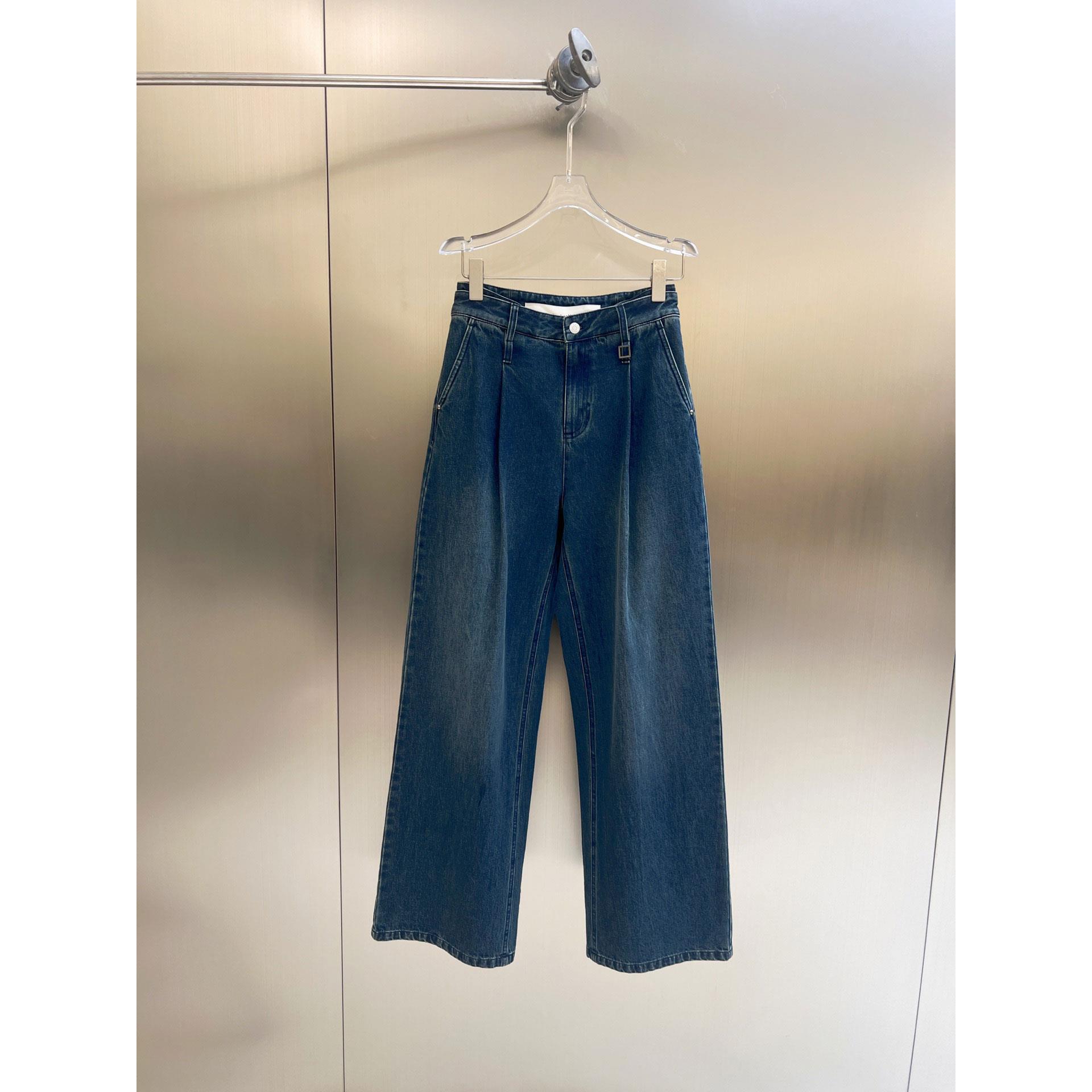 MBS.欧洲站新款FANLEONA南油高端双腰前后饰阔腿裤褶阔腿牛仔长裤