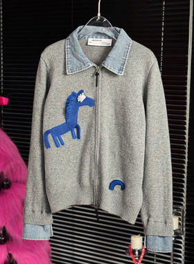 MBS.欧洲站新款南油高端减龄翻领小马长袖牛仔拼接双拉链针织开衫