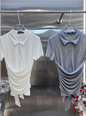 MBS.欧洲站新款南油高端Polo领短袖T恤修身收腰扭结褶皱百搭上衣