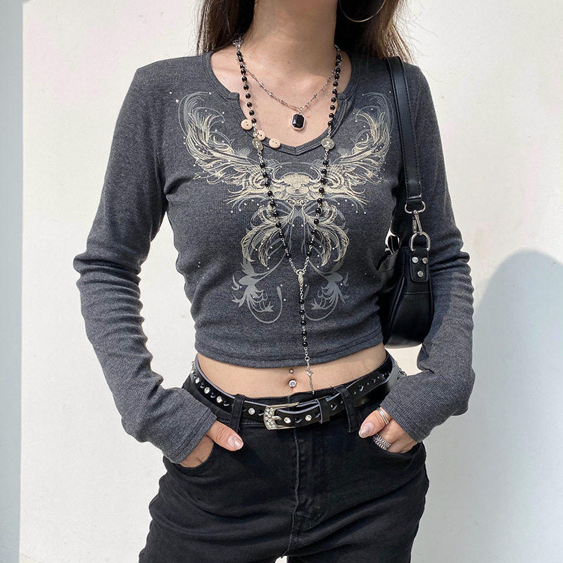 Y2K Crop Top Women Vintage Grunge Graphic Print Slim Fit