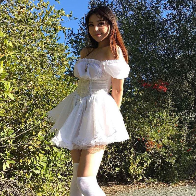 欧美绑带束腰显瘦泡泡袖连衣裙女2023年春季露背A摆公主裙女短裙
