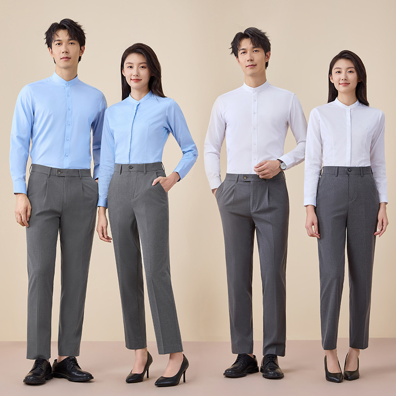 新中式男士白色立领衬衫长袖灰色