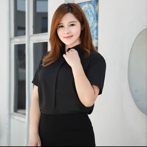 正装职业装OL 垂感抗皱大码女装黑色短袖衬衫女面试衬衣200斤上衣