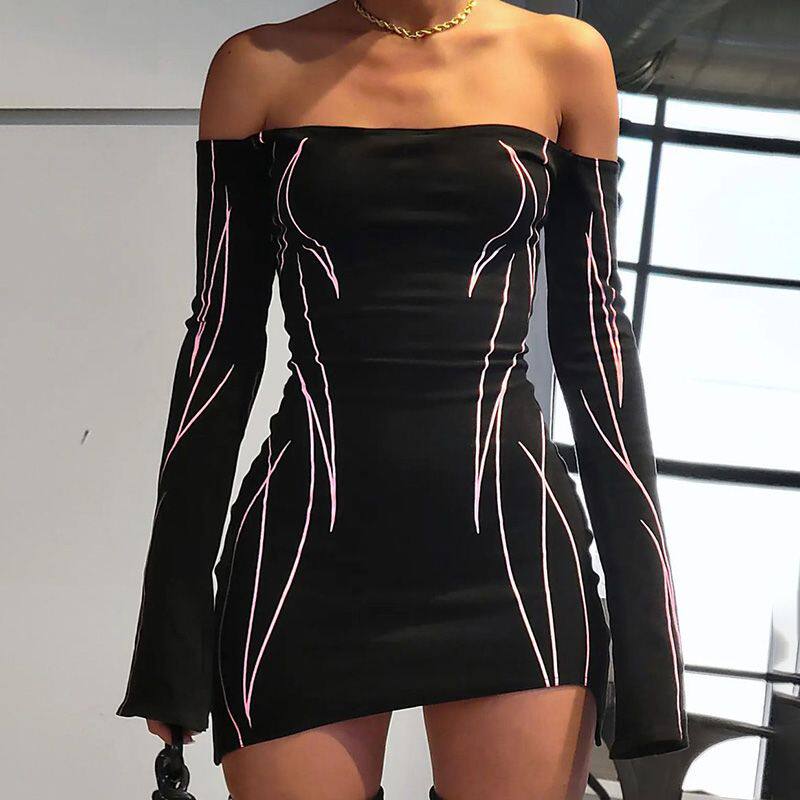 sexy off shoulder slim dress性感一字肩漏背斜切辣妹收腰抹胸裙